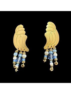 Earrings Signed KYLE Matte Gold Tone Blue Glass Beads Dangle Pierced Vintage